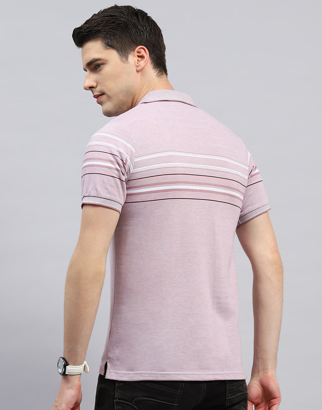 Men Peach Stripe Polo Collar Half Sleeve T-Shirt