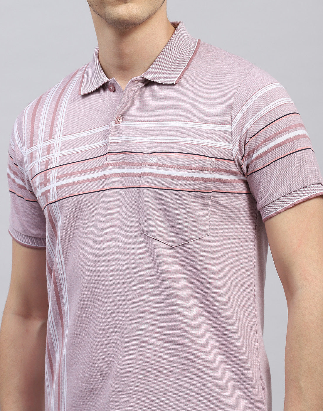 Men Peach Stripe Polo Collar Half Sleeve T-Shirt