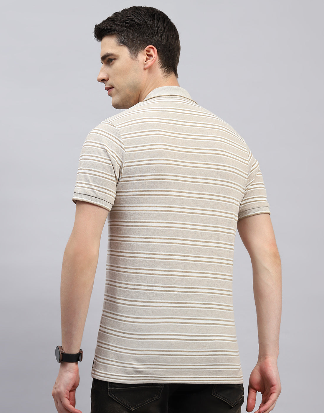 Men Beige Stripe Polo Collar Half Sleeve T-Shirt