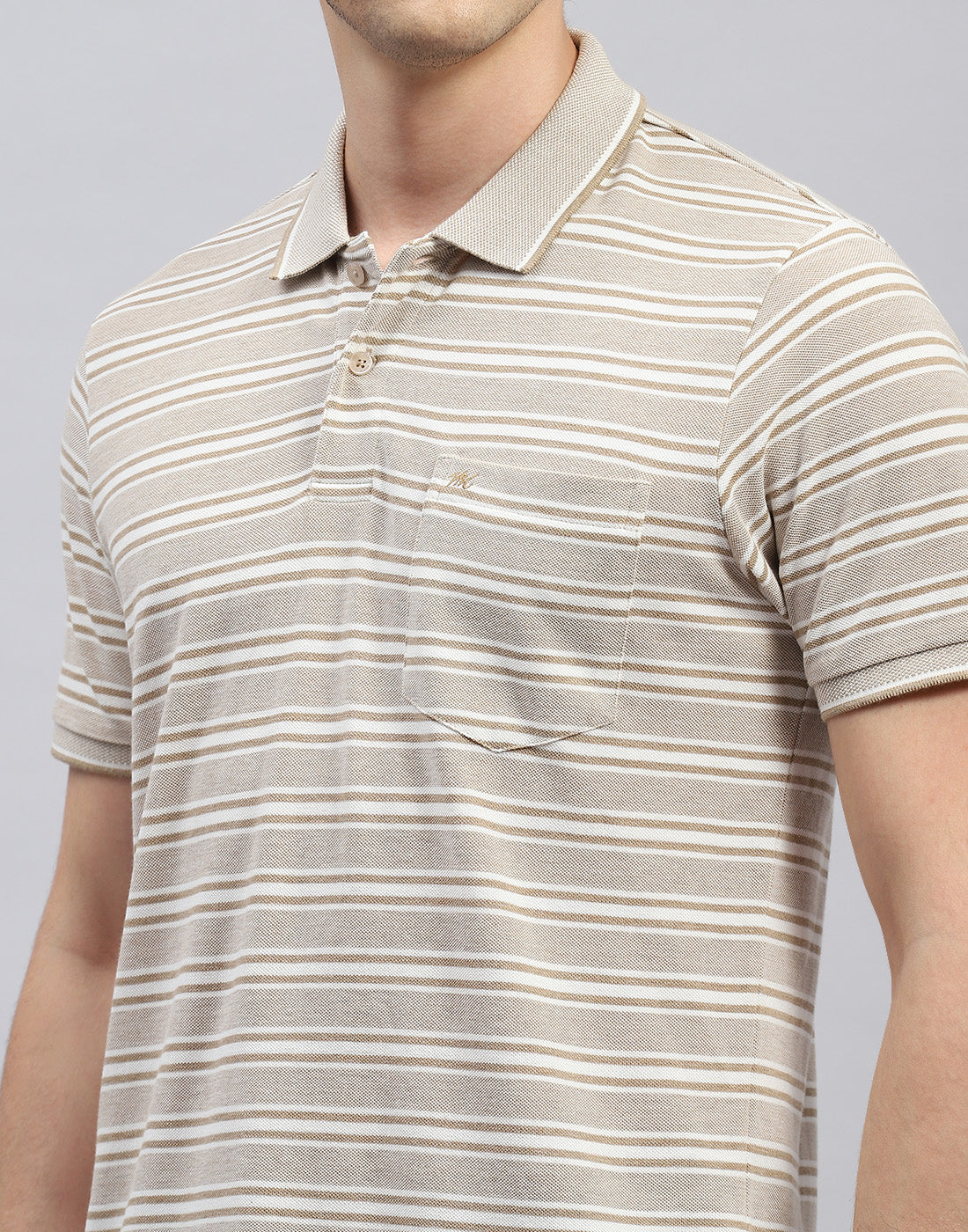 Men Beige Stripe Polo Collar Half Sleeve T-Shirt