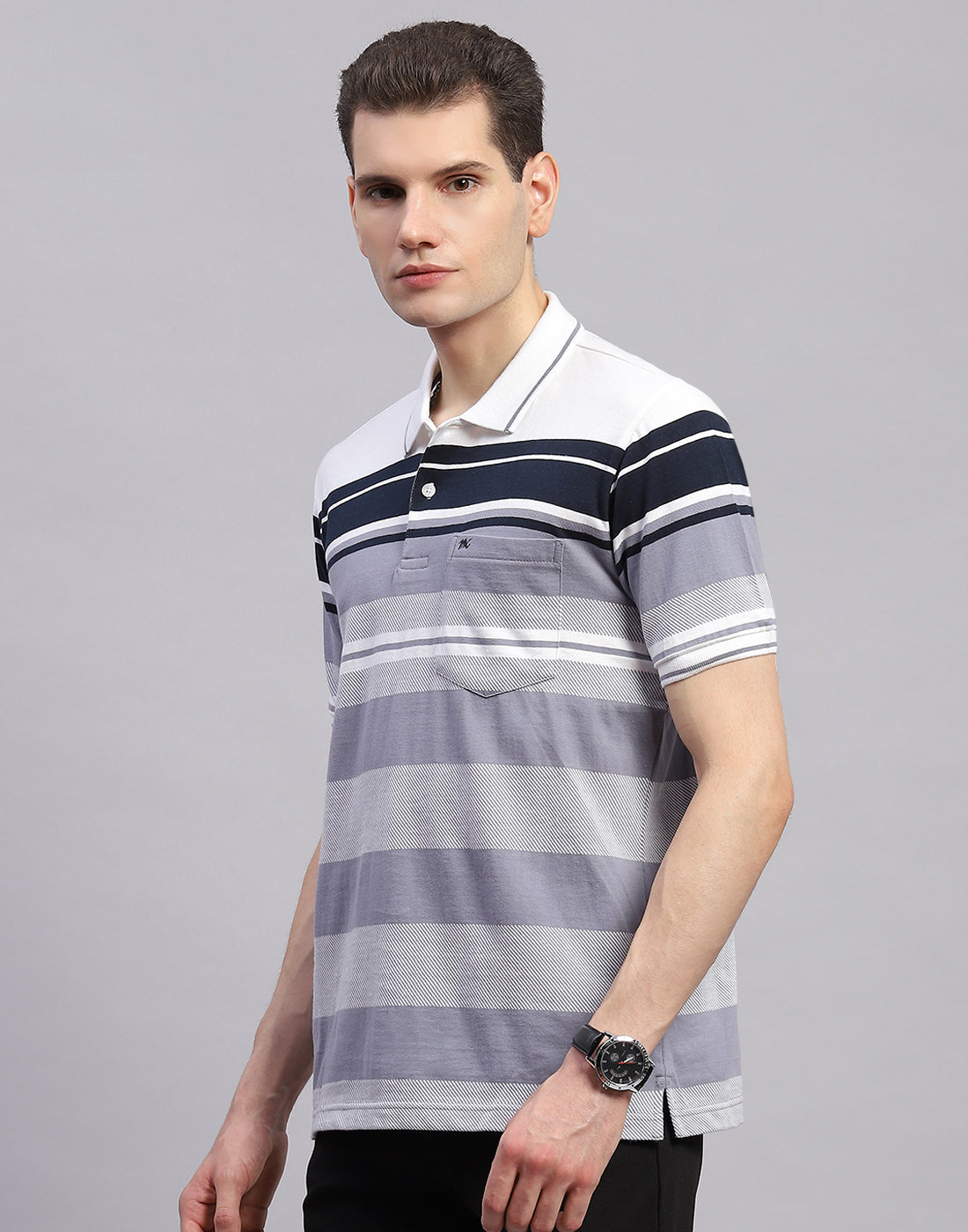 Men Navy Blue Stripe Collar Half Sleeve T-Shirt