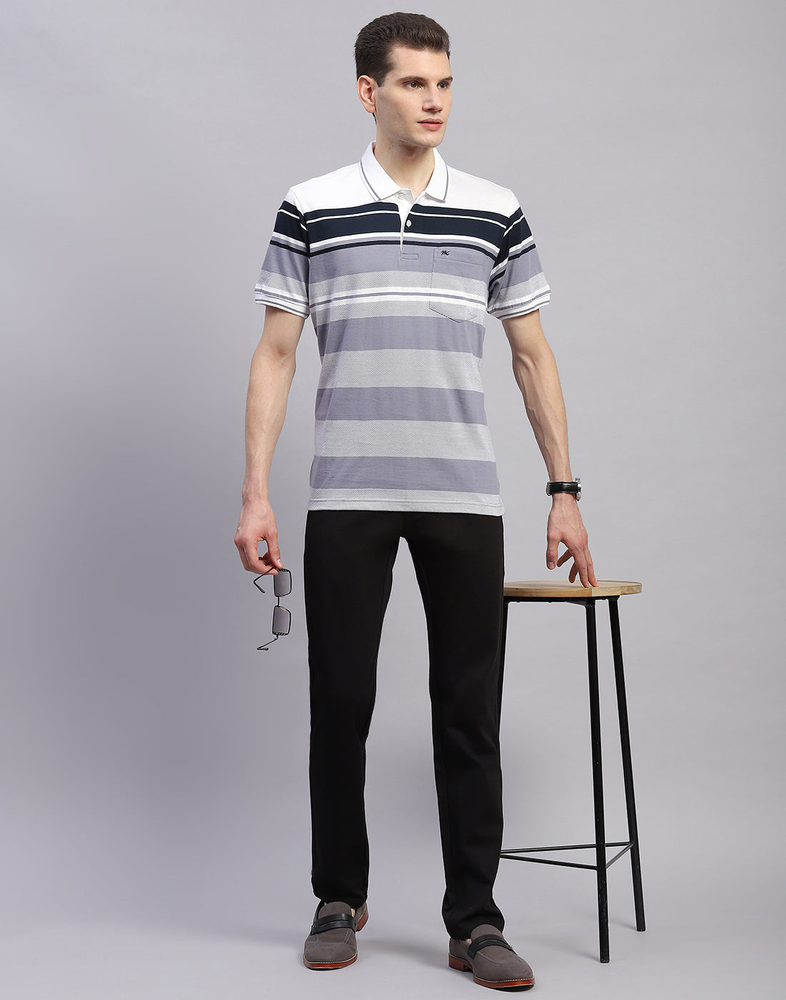 Men Navy Blue Stripe Collar Half Sleeve T-Shirt