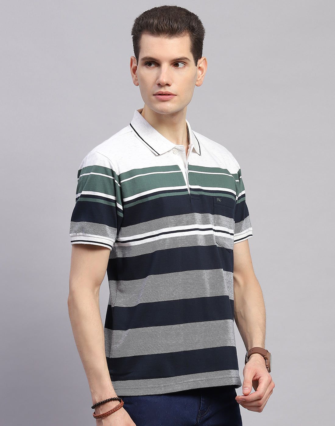 Men Navy Blue Stripe Collar Half Sleeve T-Shirt