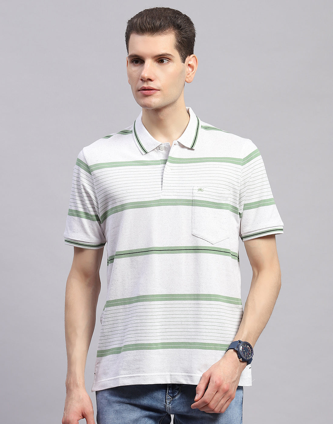 Men Green Stripe Collar Half Sleeve T-Shirt