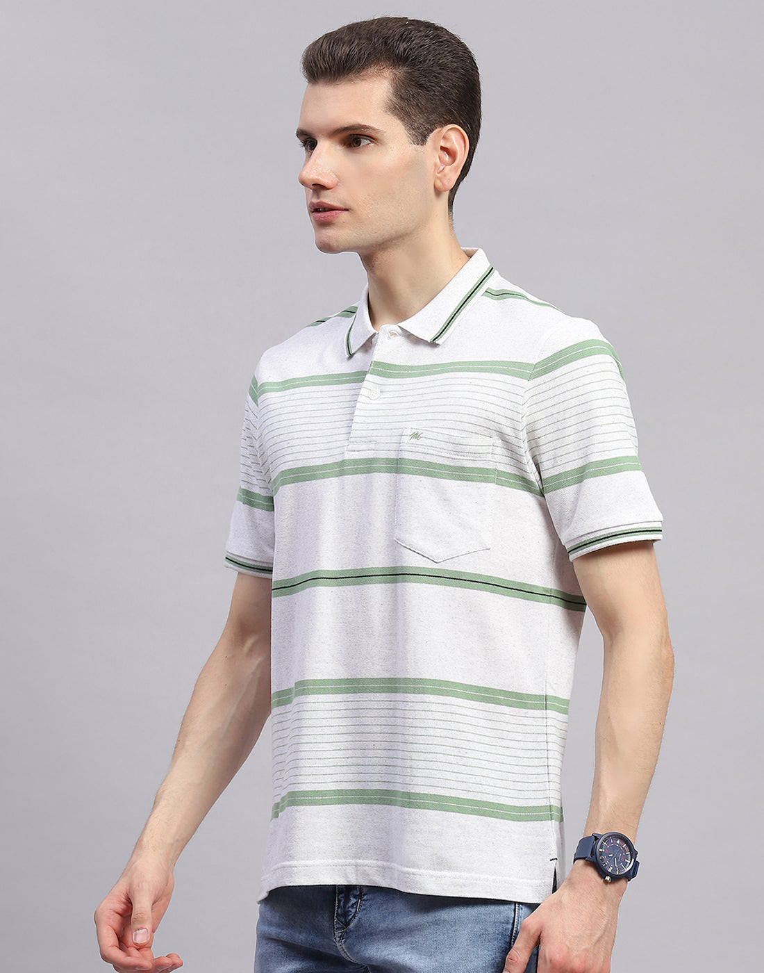 Men Green Stripe Collar Half Sleeve T-Shirt