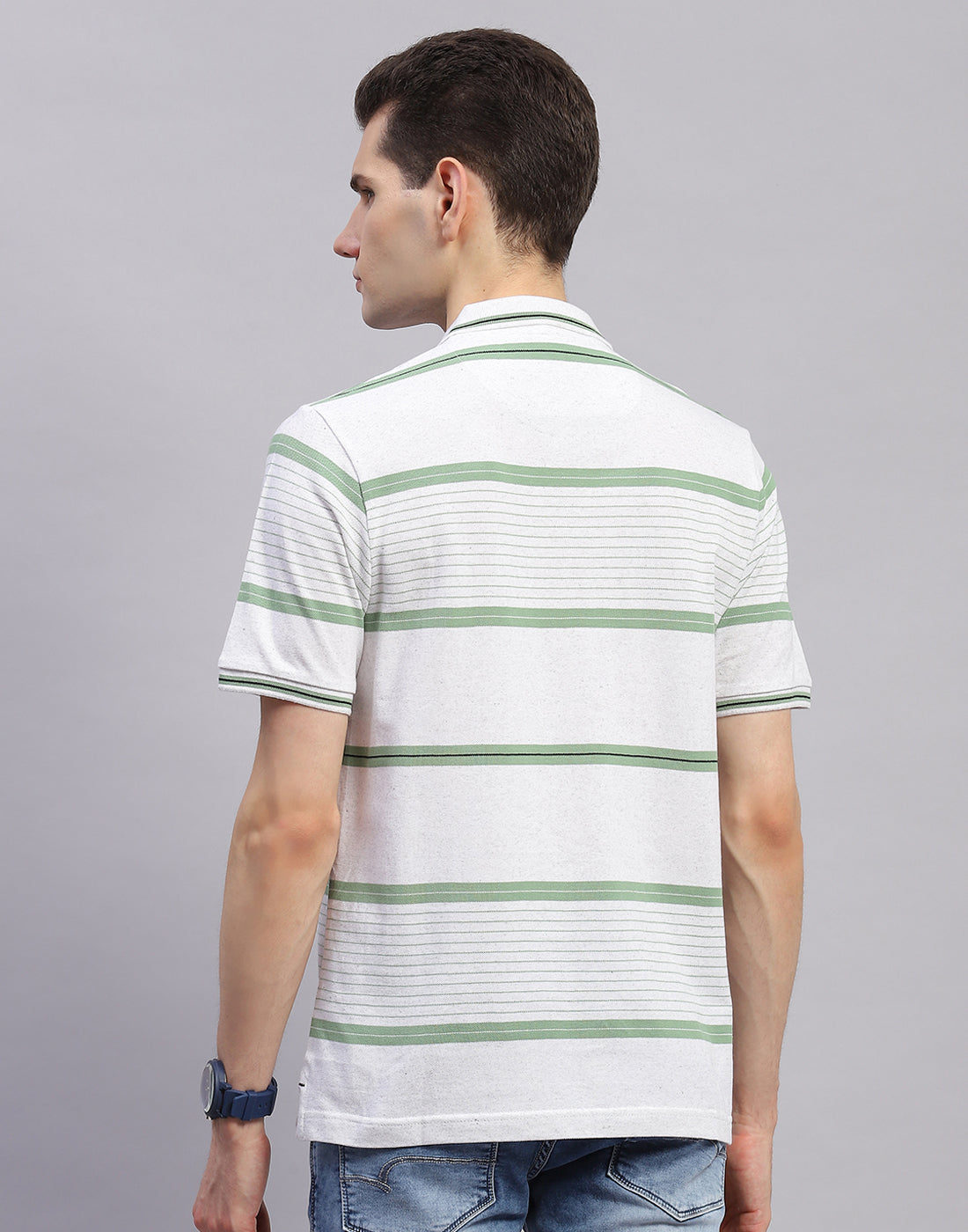 Men Green Stripe Collar Half Sleeve T-Shirt