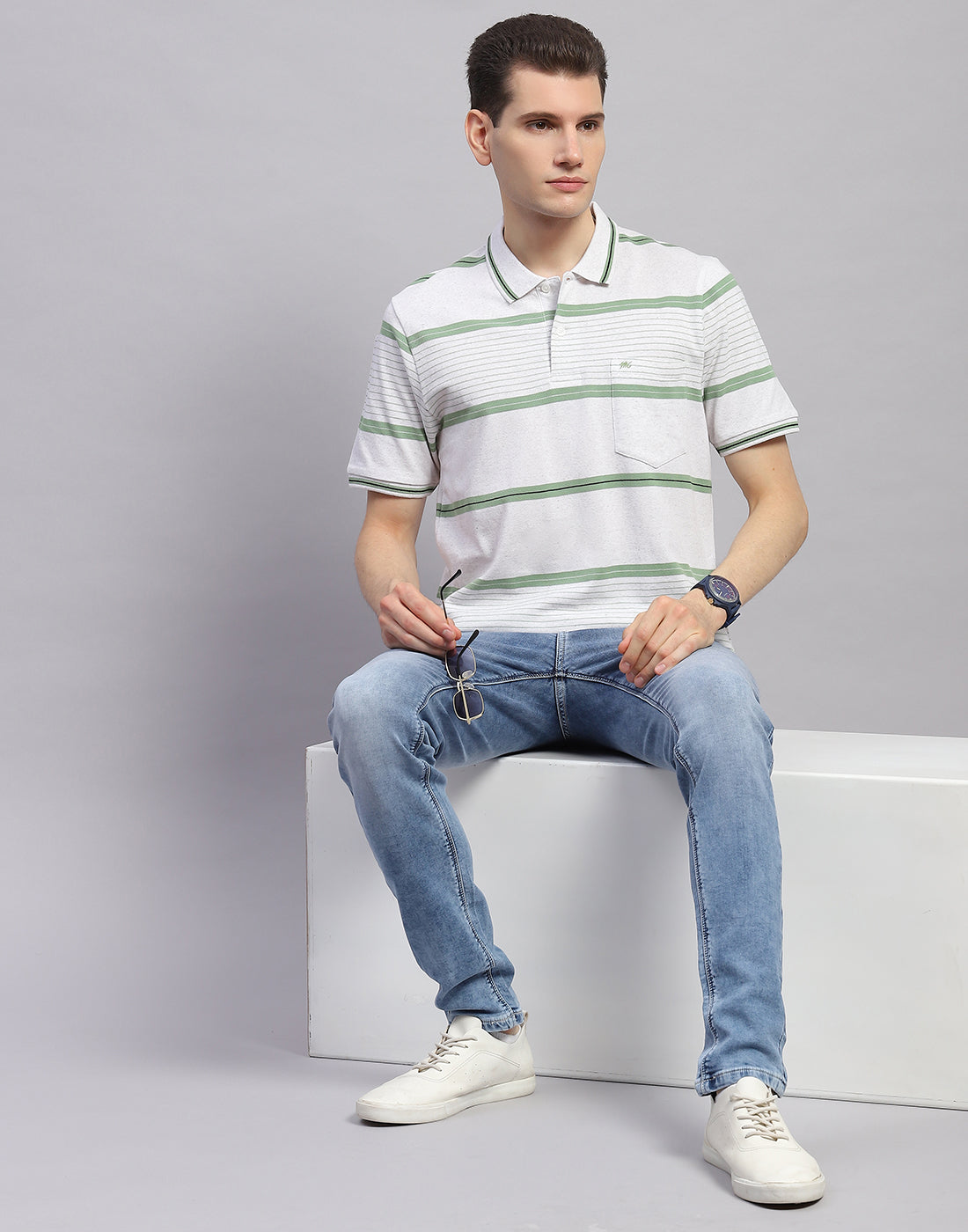 Men Green Stripe Collar Half Sleeve T-Shirt