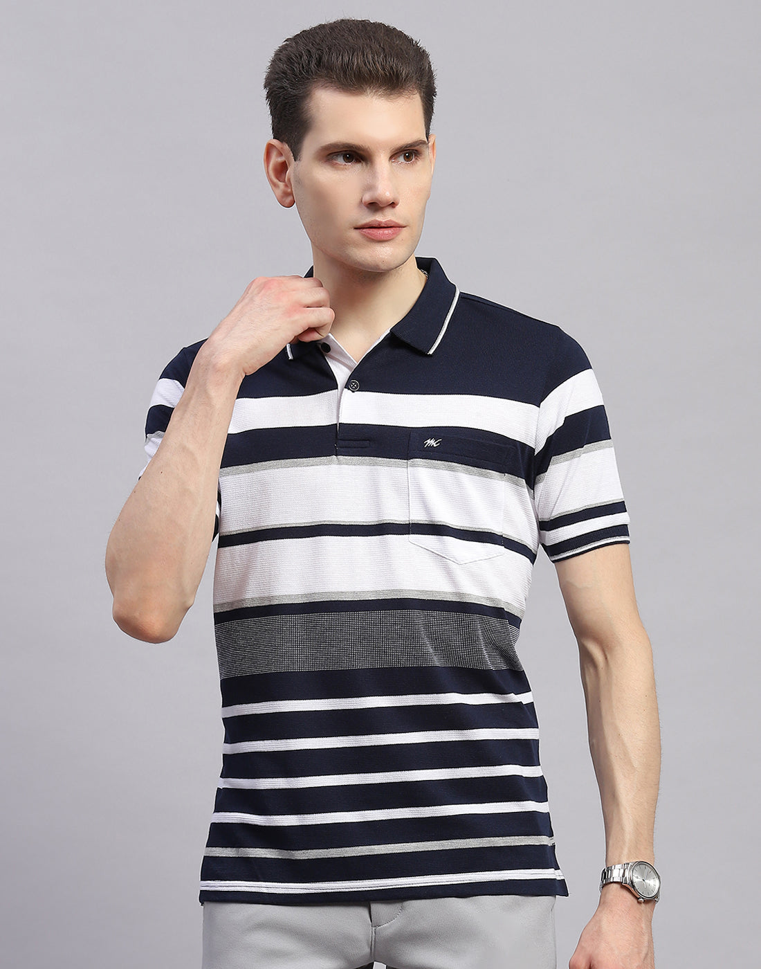 Men Navy Blue Stripe Collar Half Sleeve T-Shirt