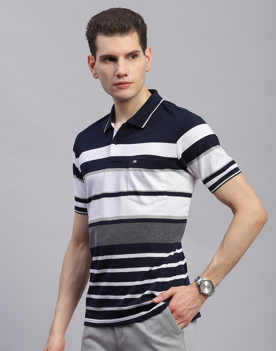 Men Navy Blue Stripe Collar Half Sleeve T-Shirt