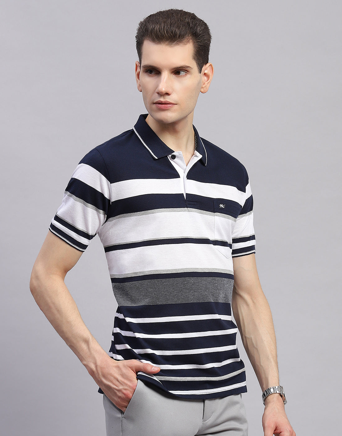 Men Navy Blue Stripe Collar Half Sleeve T-Shirt