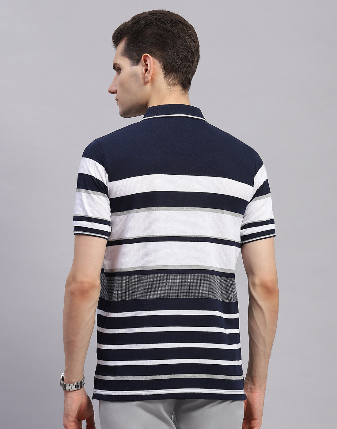 Men Navy Blue Stripe Collar Half Sleeve T-Shirt