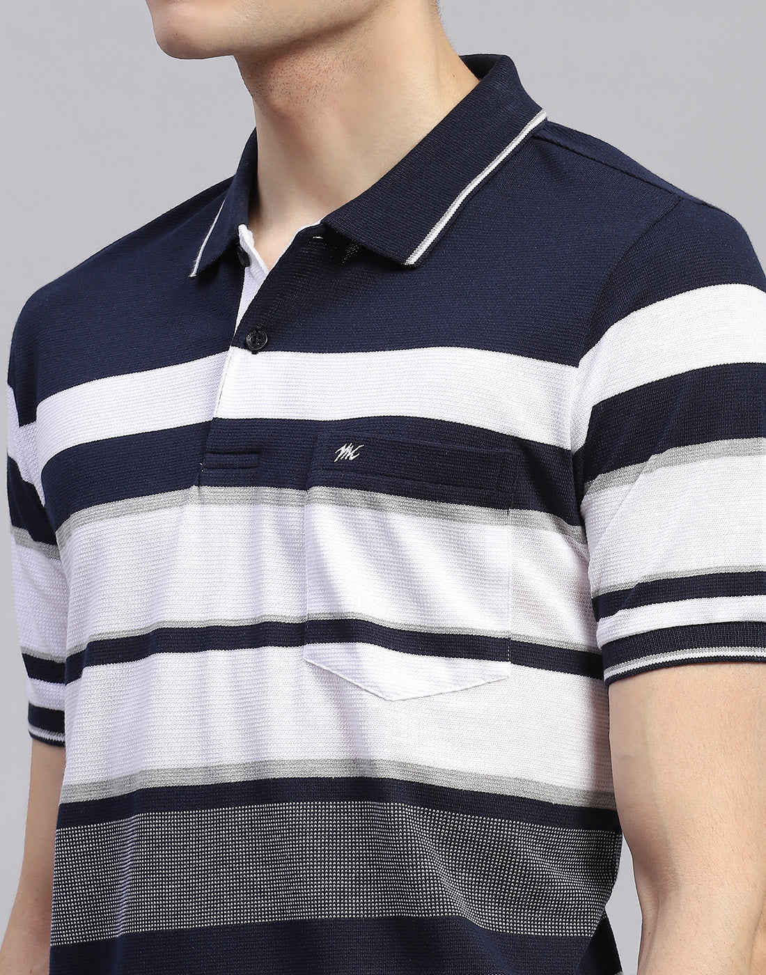 Men Navy Blue Stripe Collar Half Sleeve T-Shirt