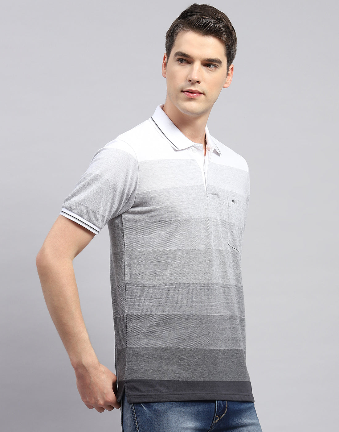 Men Grey Stripe Polo Collar Half Sleeve T-Shirt