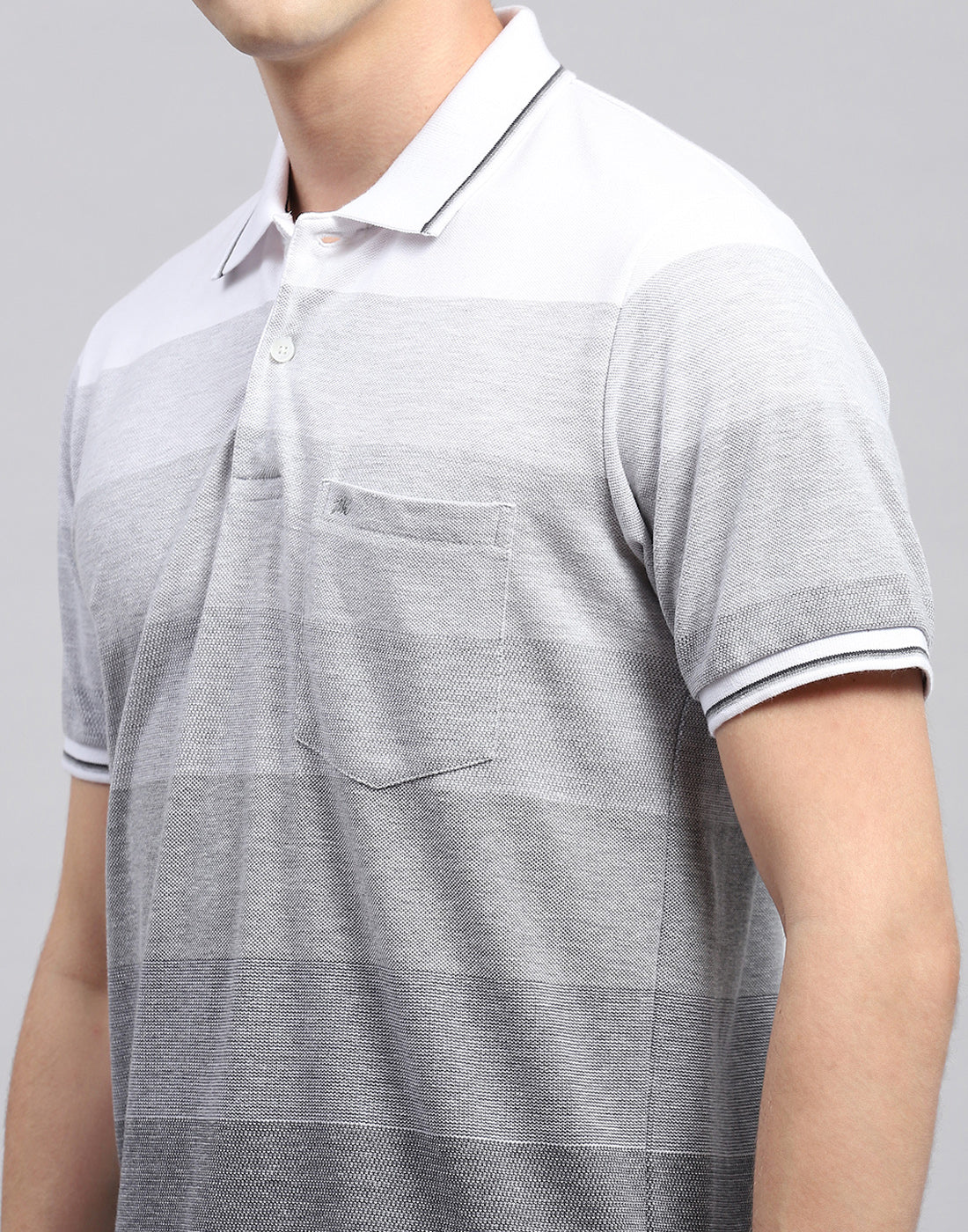 Men Grey Stripe Polo Collar Half Sleeve T-Shirt