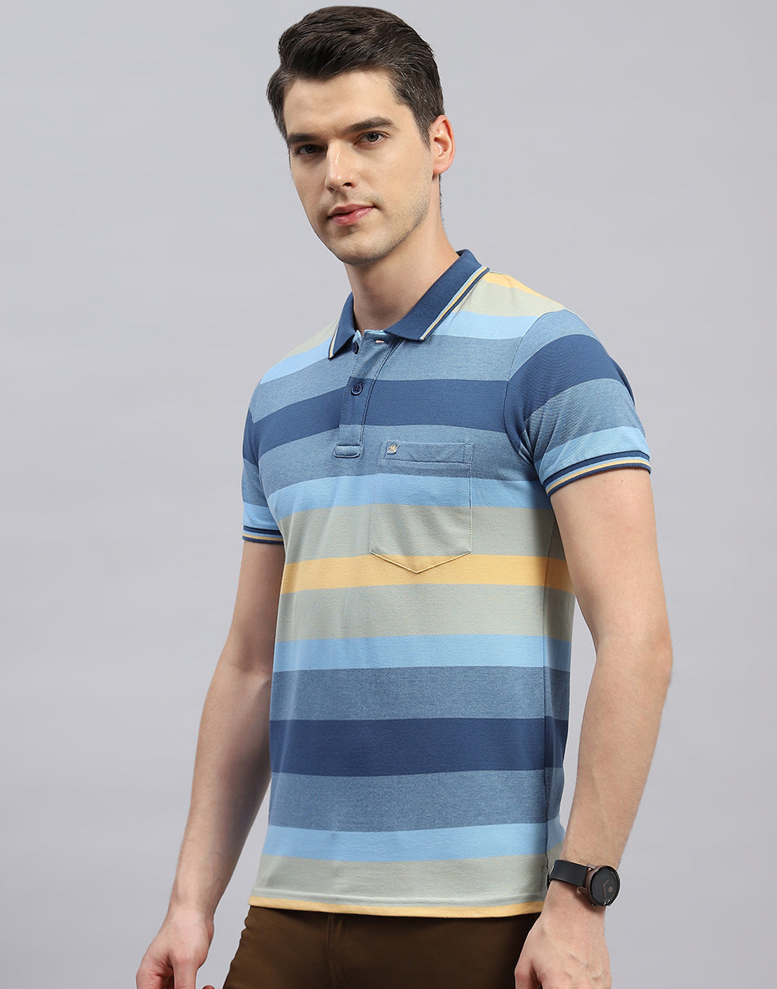 Men Light Blue Stripe Polo Collar Half Sleeve T-Shirt