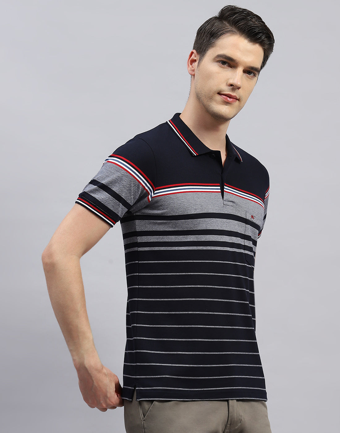 Men Navy Blue Stripe Polo Collar Half Sleeve T-Shirt