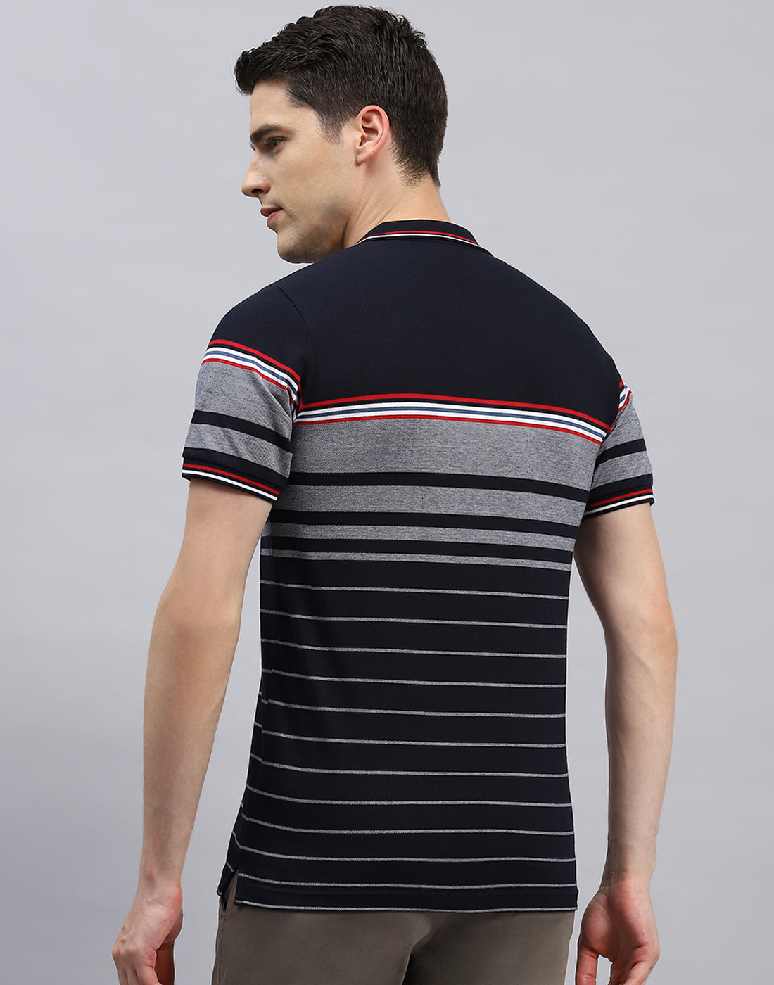 Men Navy Blue Stripe Polo Collar Half Sleeve T-Shirt