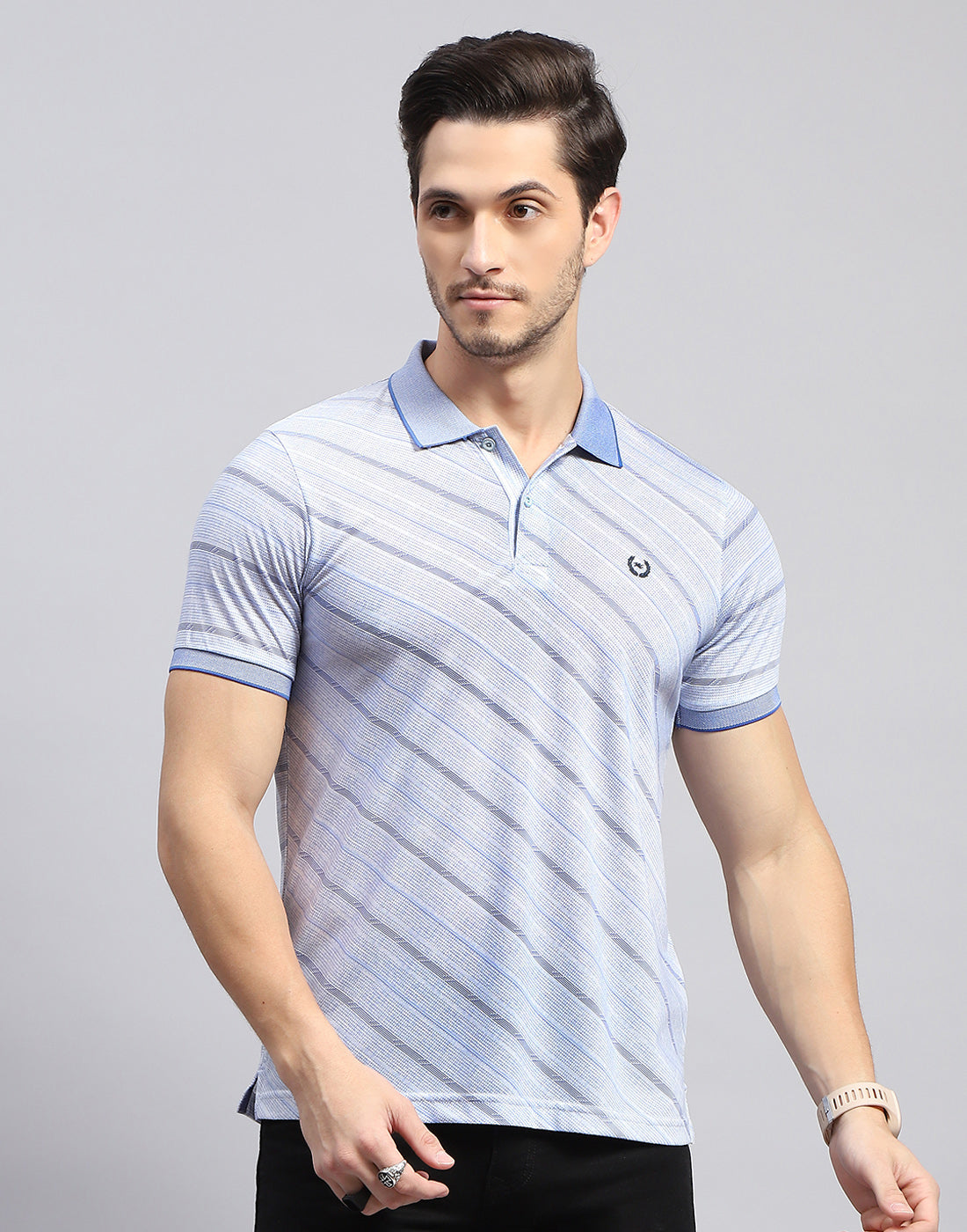 Men Sky Blue Printed Polo Collar Half Sleeve T-Shirt