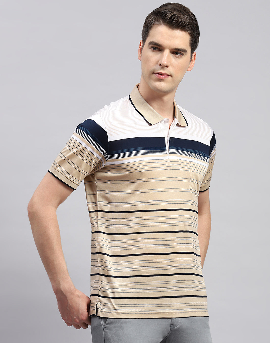 Men Camel Brown Stripe Polo Collar Half Sleeve T-Shirt