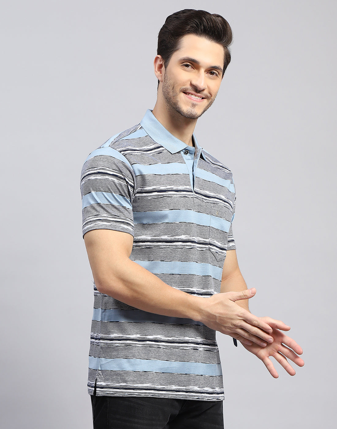 Men Sky Blue Stripe Polo Collar Half Sleeve T-Shirt