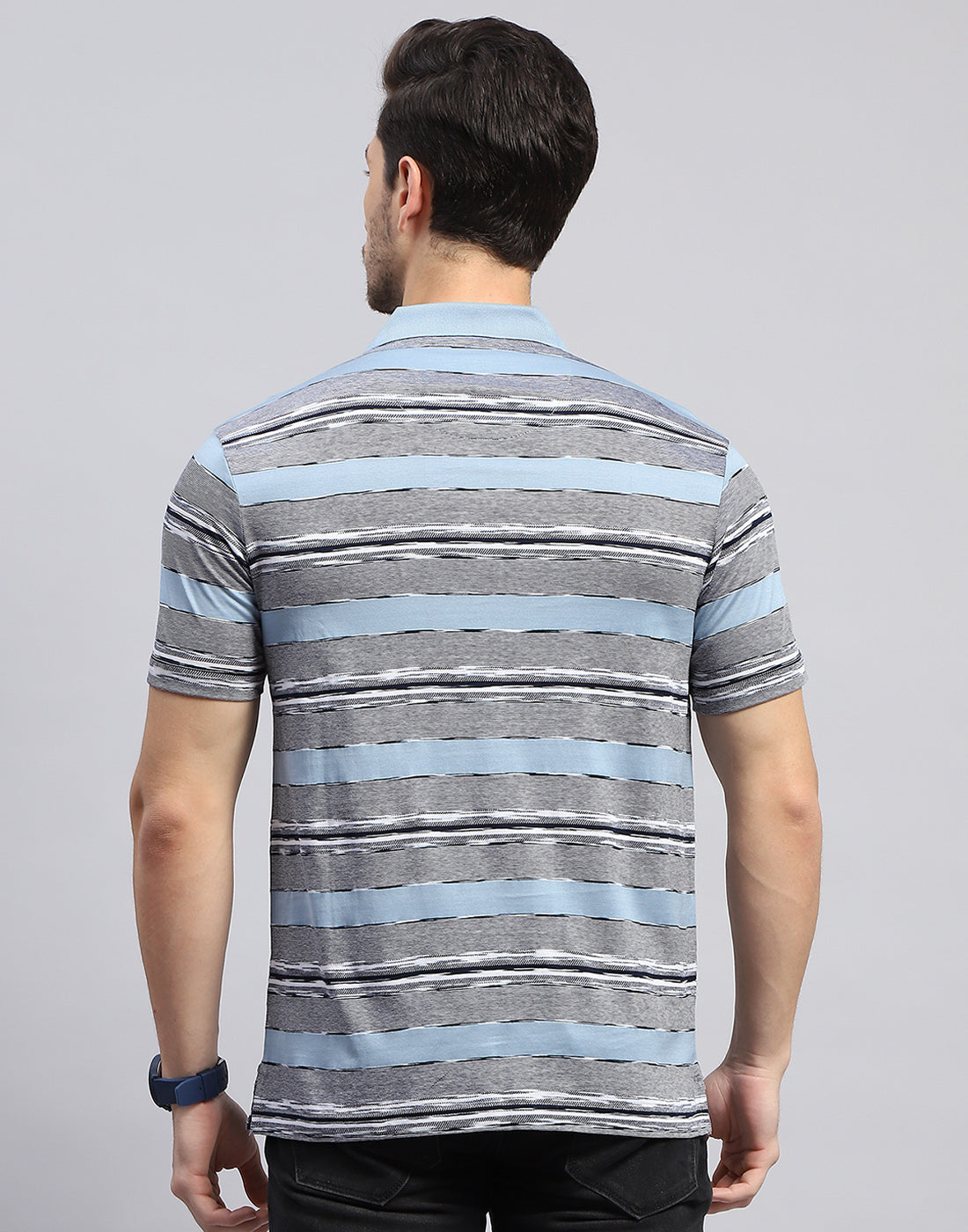 Men Sky Blue Stripe Polo Collar Half Sleeve T-Shirt