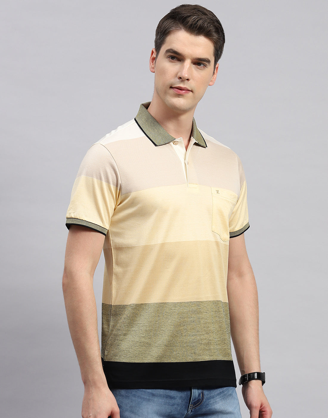 Men Beige Stripe Collar Neck Half Sleeve T-Shirt