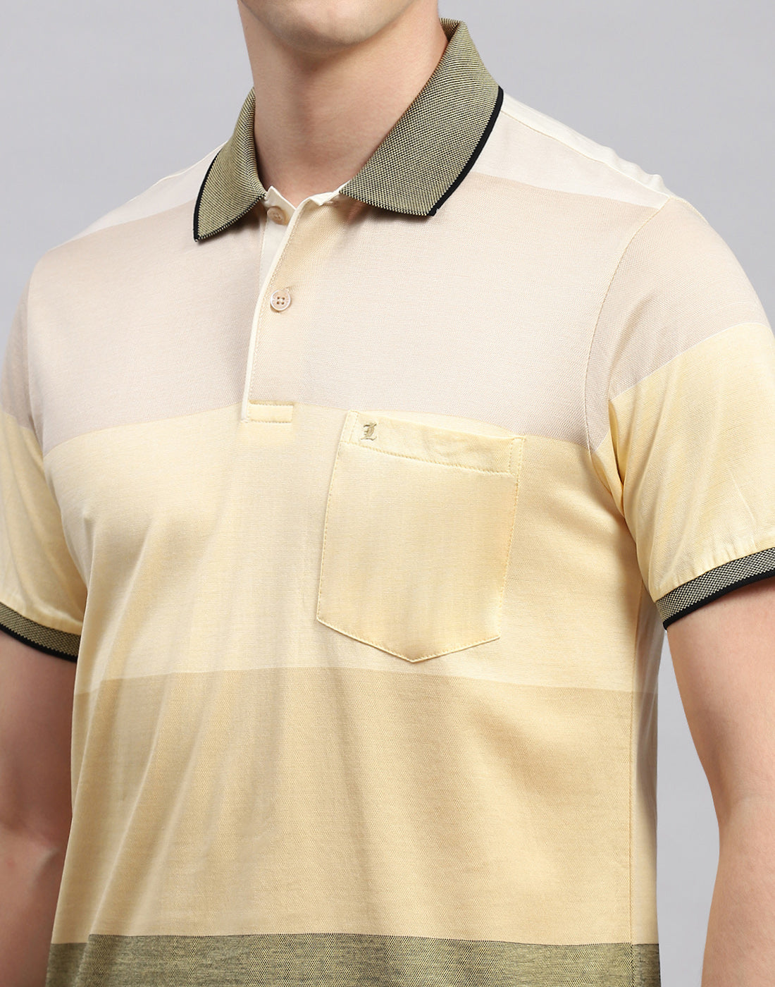 Men Beige Stripe Collar Neck Half Sleeve T-Shirt