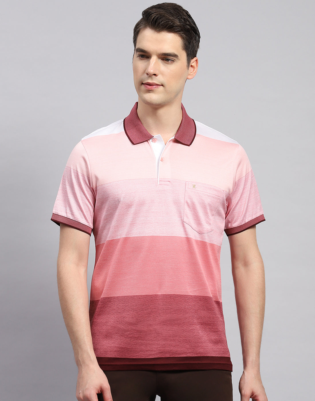 Men Pink Stripe Polo Collar Half Sleeve T-Shirt