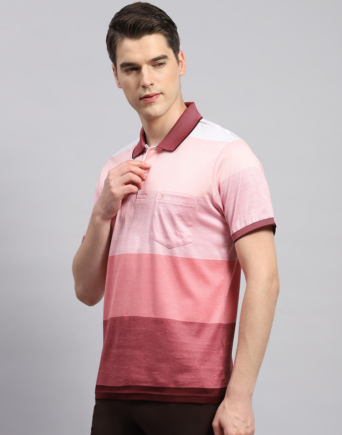 Men Pink Stripe Polo Collar Half Sleeve T-Shirt