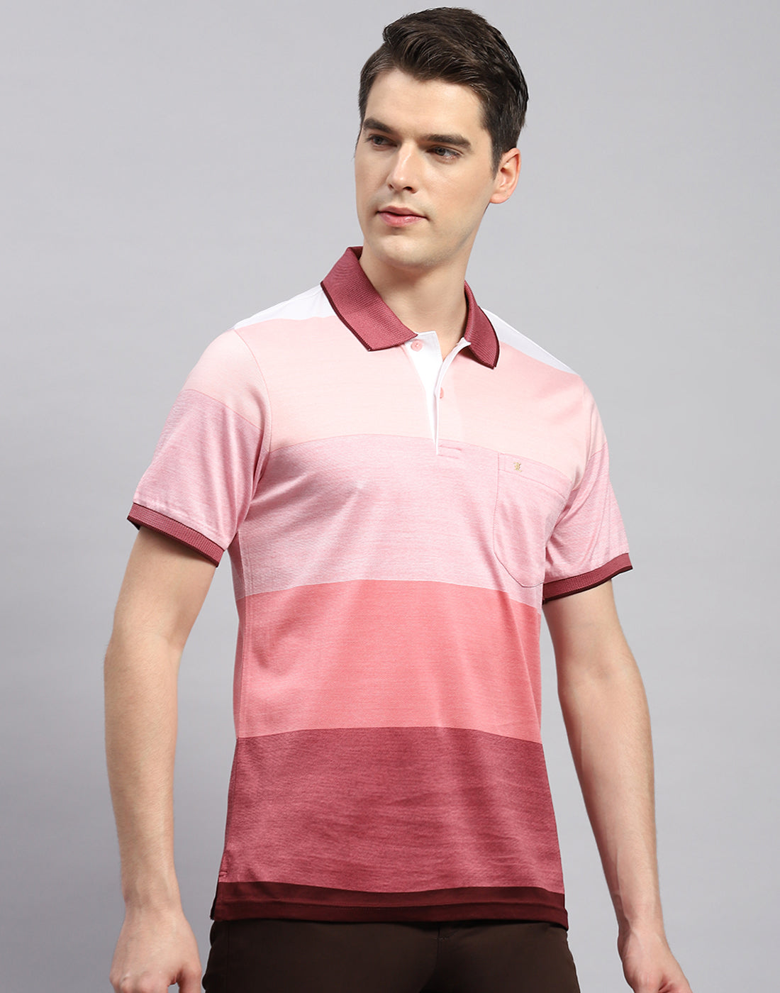 Men Pink Stripe Polo Collar Half Sleeve T-Shirt