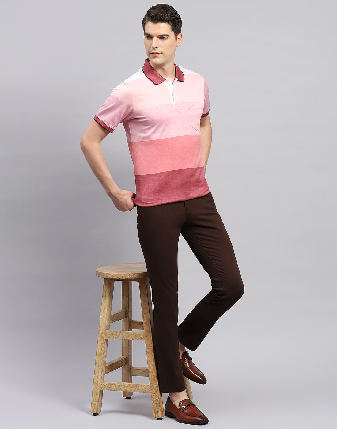 Men Pink Stripe Polo Collar Half Sleeve T-Shirt