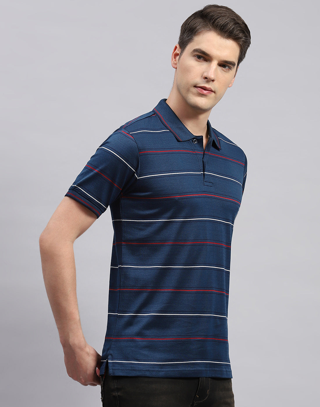 Men Navy Blue Stripe Polo Collar Half Sleeve T-Shirt