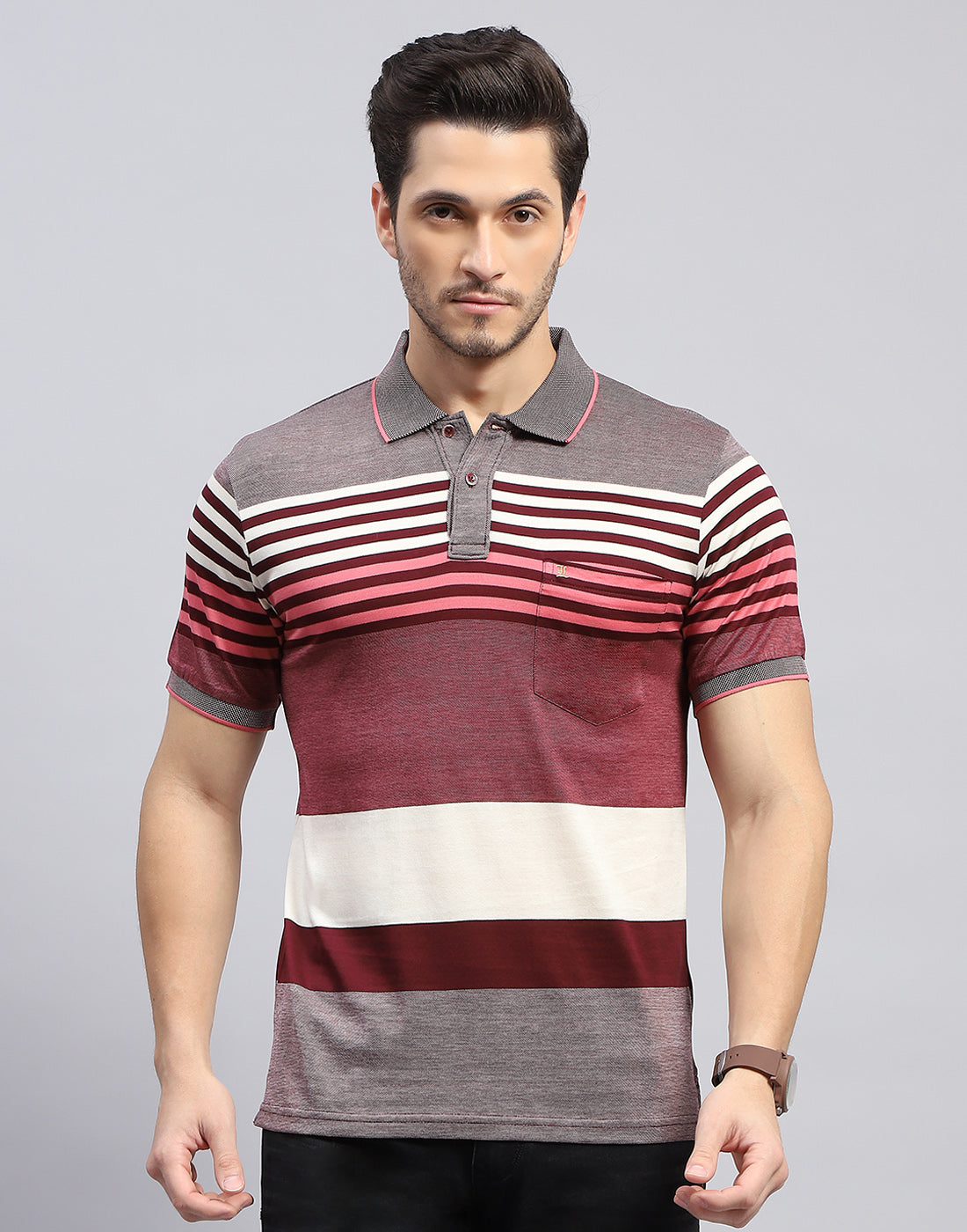 Men Maroon Stripe Polo Collar Half Sleeve T-Shirt