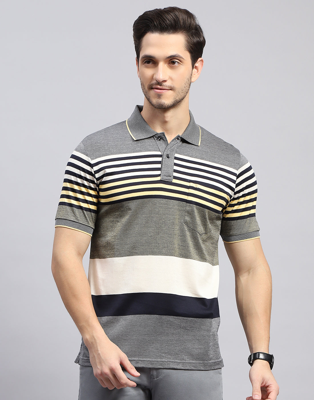 Men Grey Stripe Polo Collar Half Sleeve T-Shirt