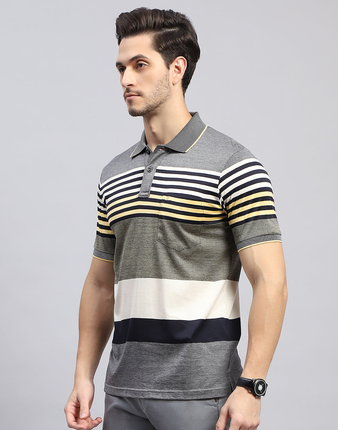 Men Grey Stripe Polo Collar Half Sleeve T-Shirt