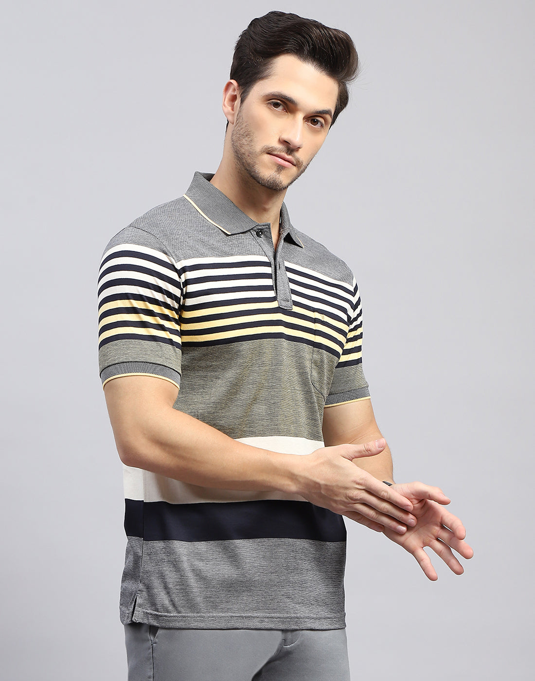 Men Grey Stripe Polo Collar Half Sleeve T-Shirt