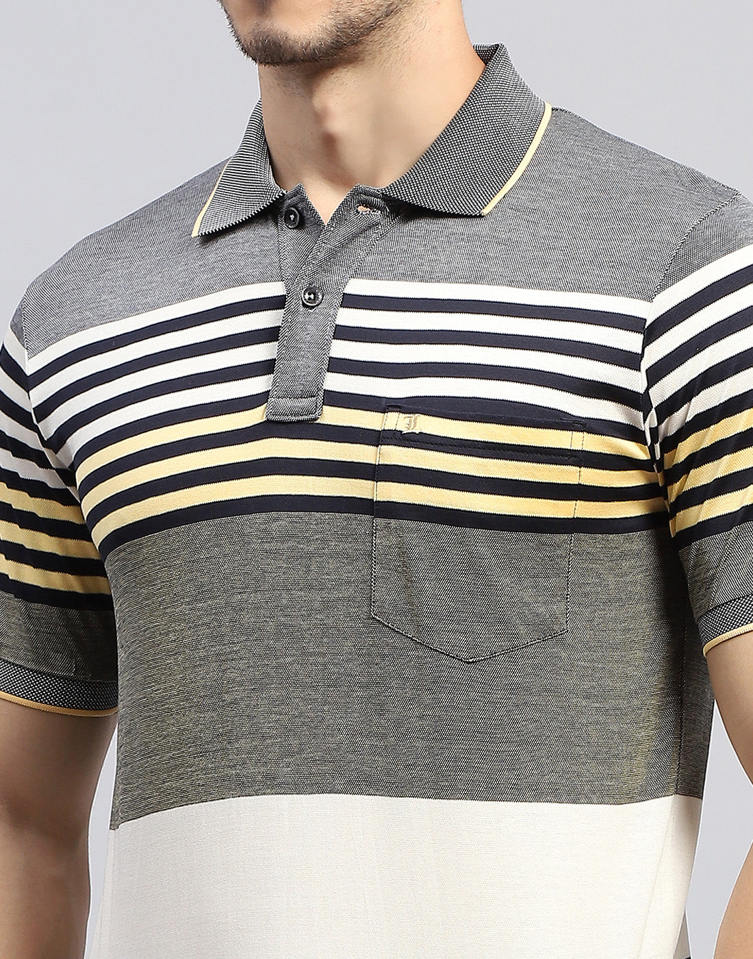 Men Grey Stripe Polo Collar Half Sleeve T-Shirt