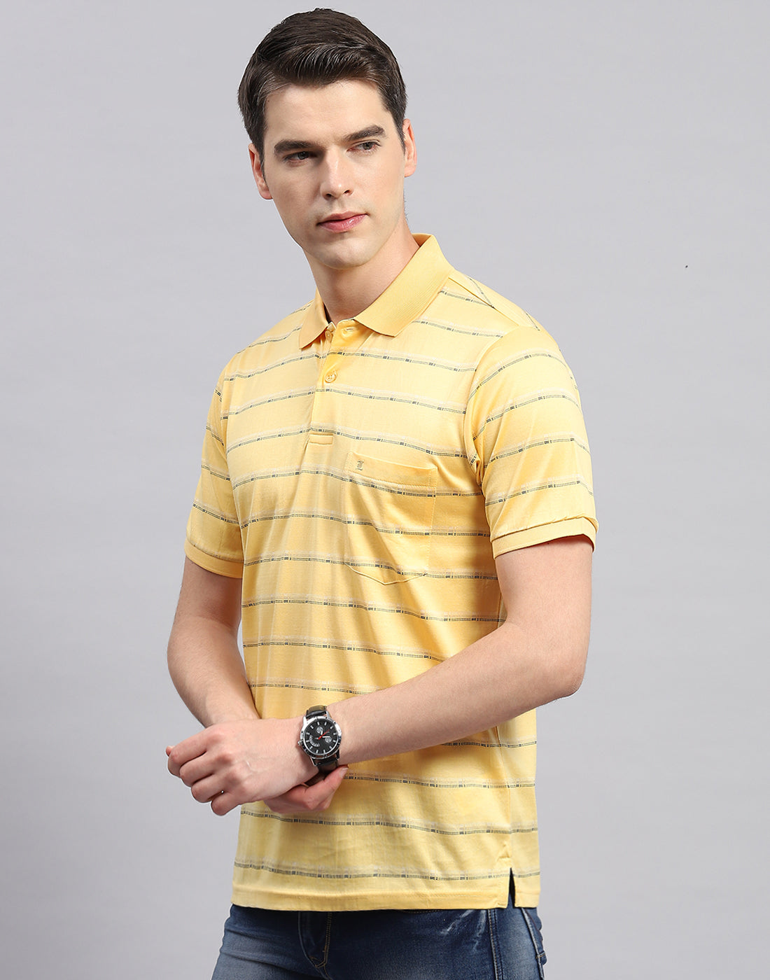 Men Yellow Stripe Polo Collar Half Sleeve T-Shirt