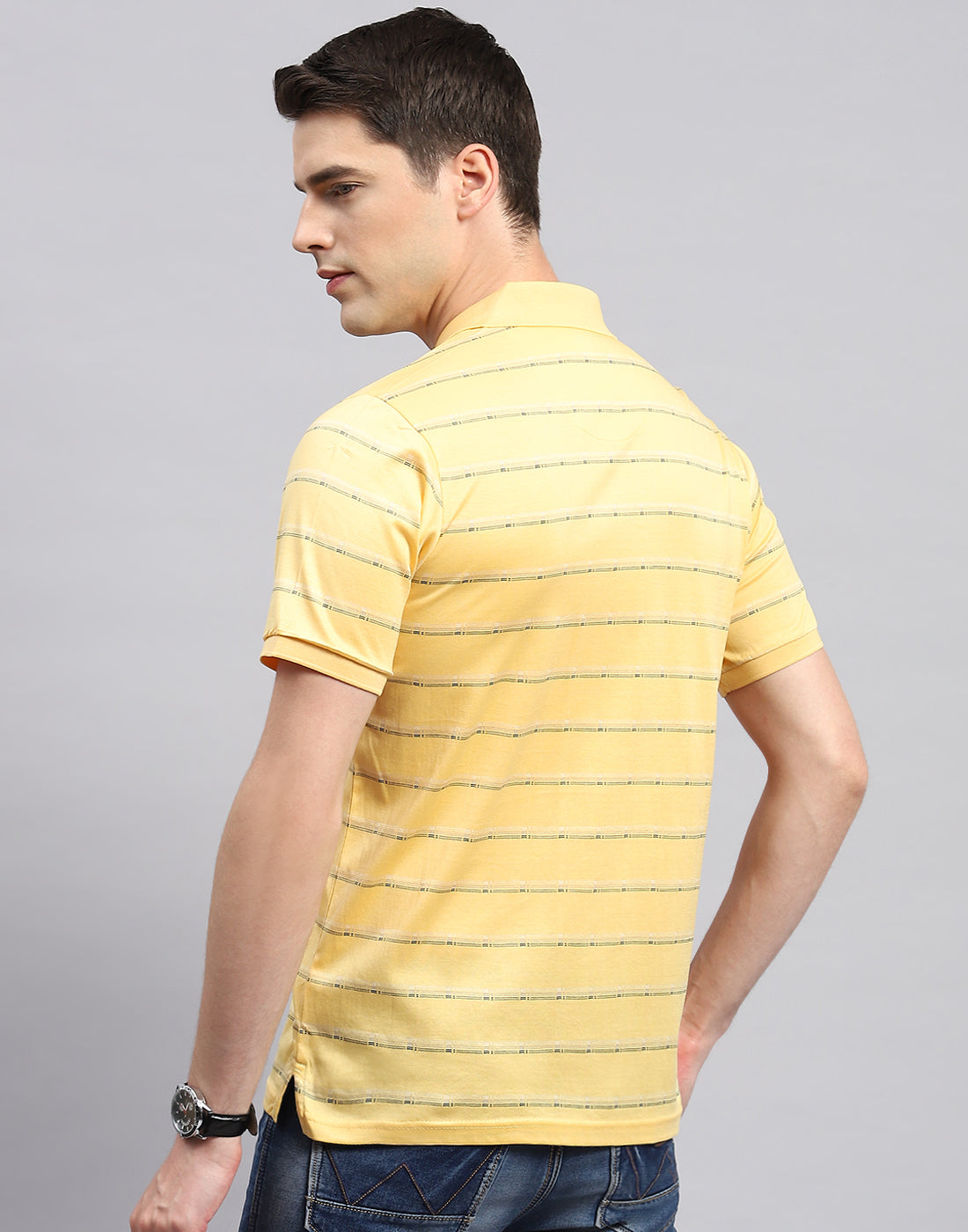 Men Yellow Stripe Polo Collar Half Sleeve T-Shirt