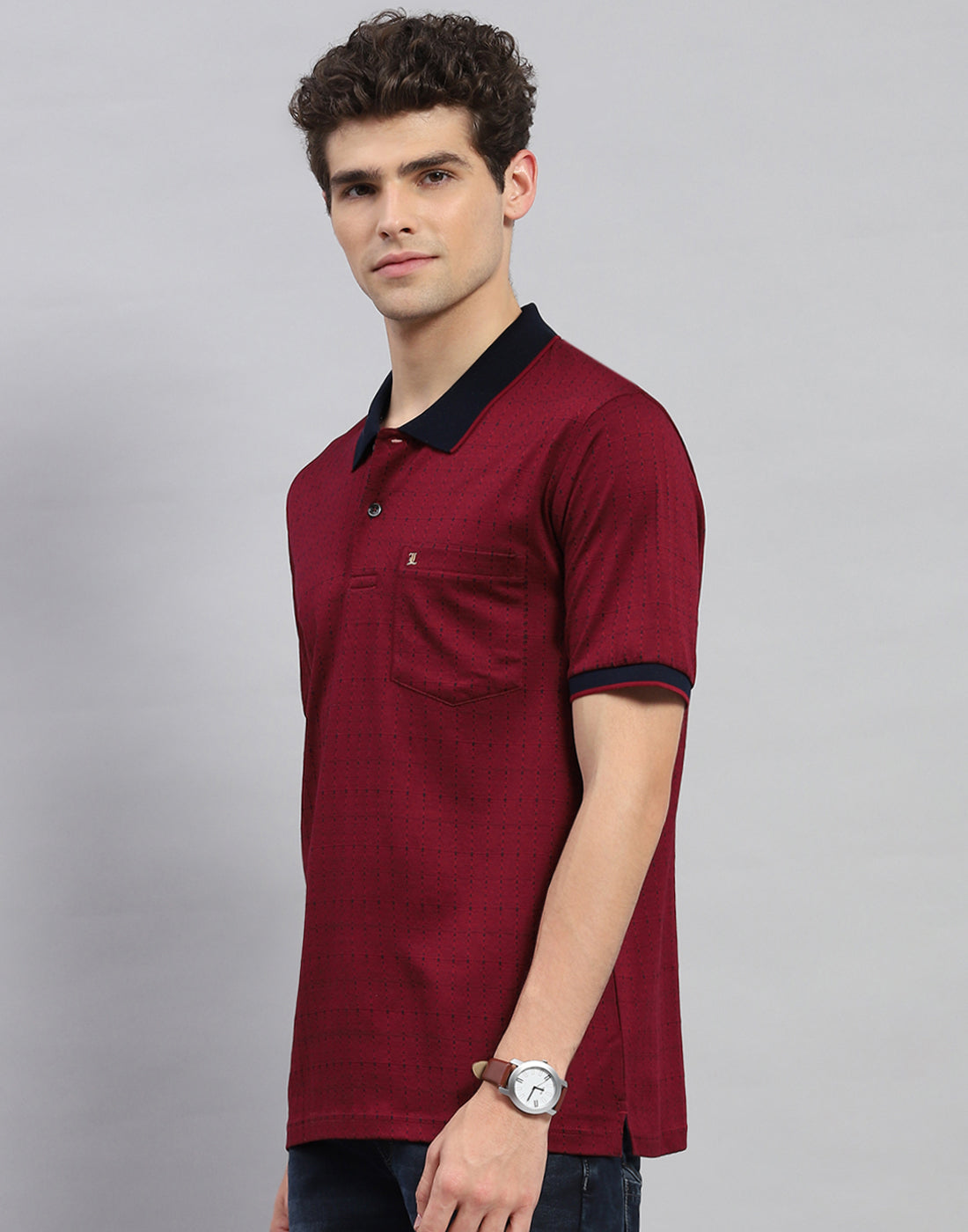 Men Maroon Stripe Polo Collar Half Sleeve T-Shirt