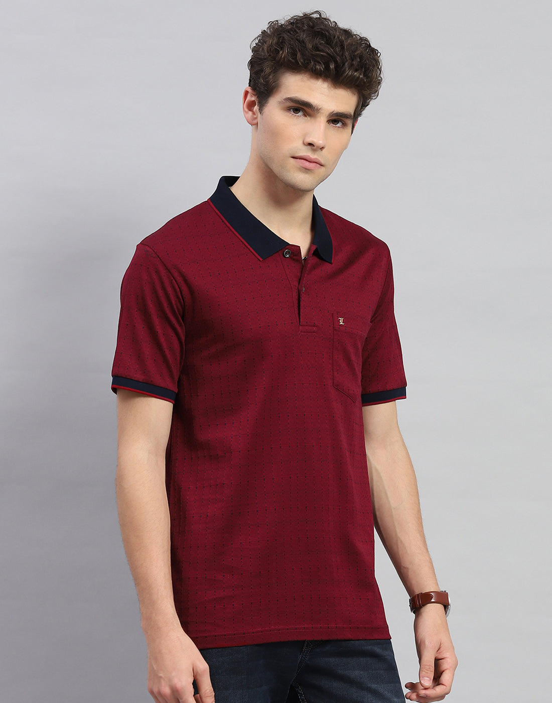 Men Maroon Stripe Polo Collar Half Sleeve T-Shirt