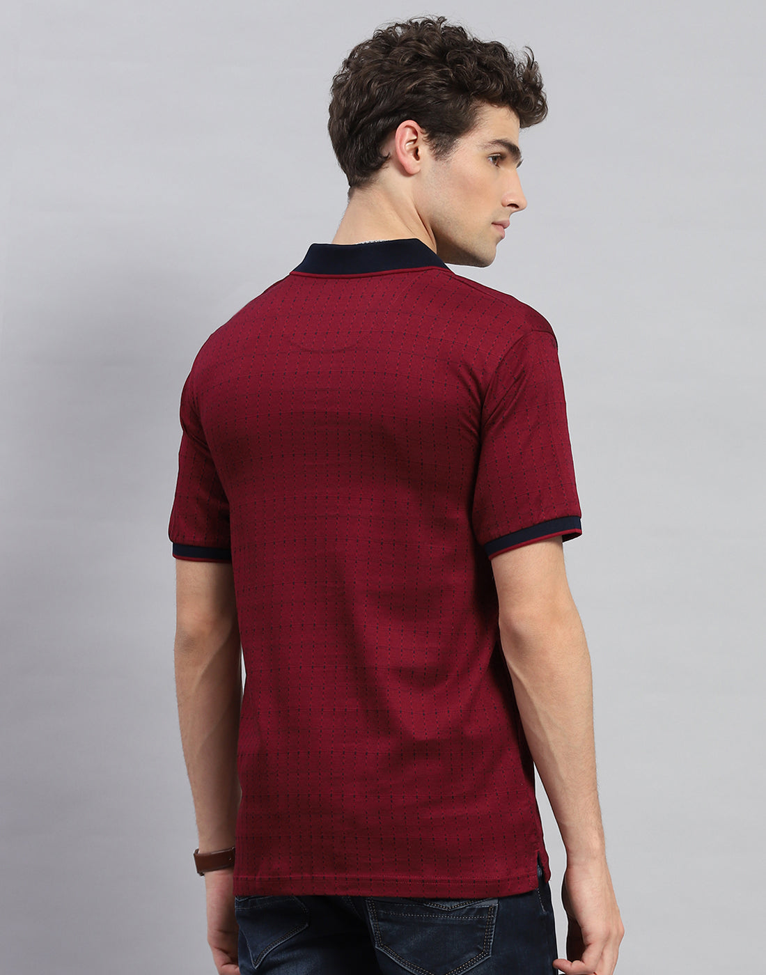 Men Maroon Stripe Polo Collar Half Sleeve T-Shirt