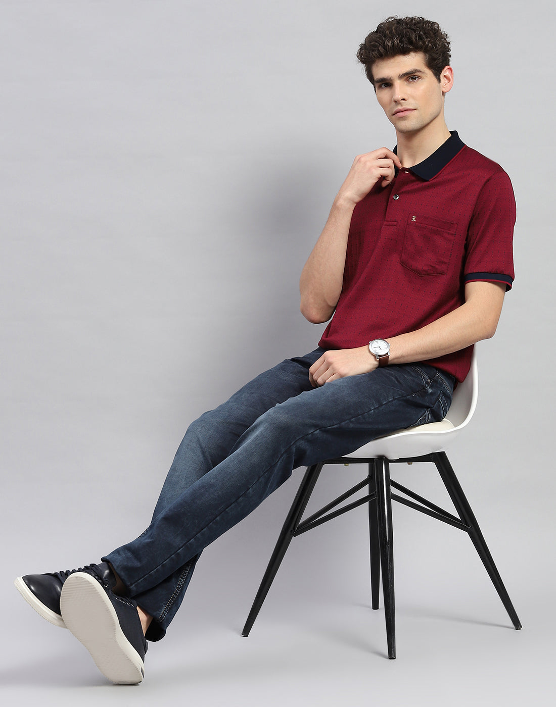 Men Maroon Stripe Polo Collar Half Sleeve T-Shirt