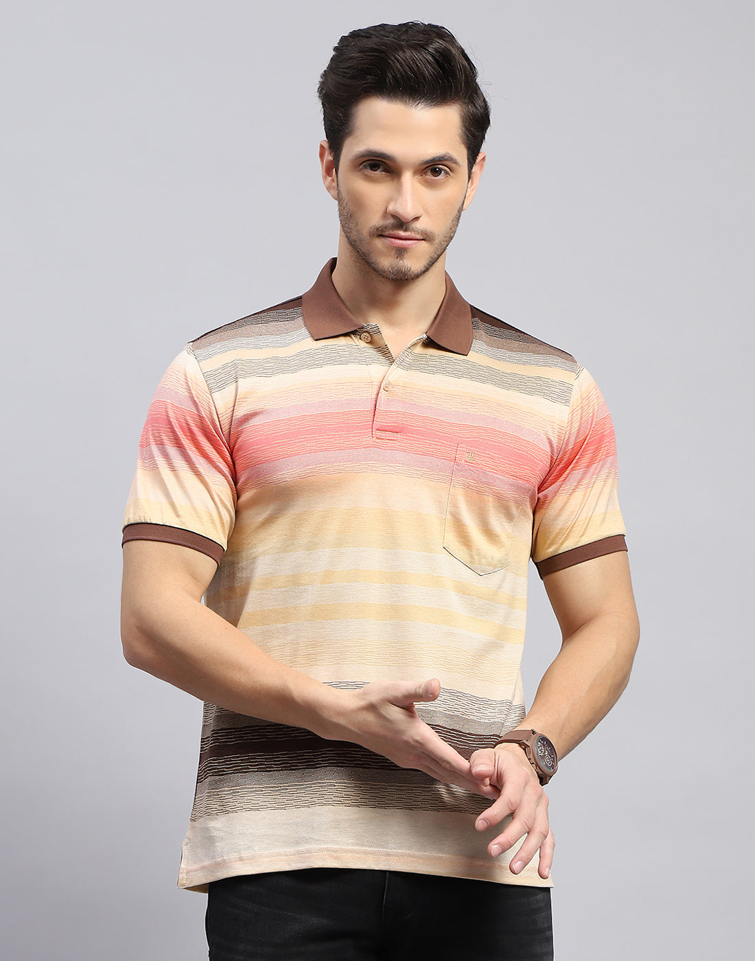 Men Multicolor Stripe Polo Collar Half Sleeve T-Shirt