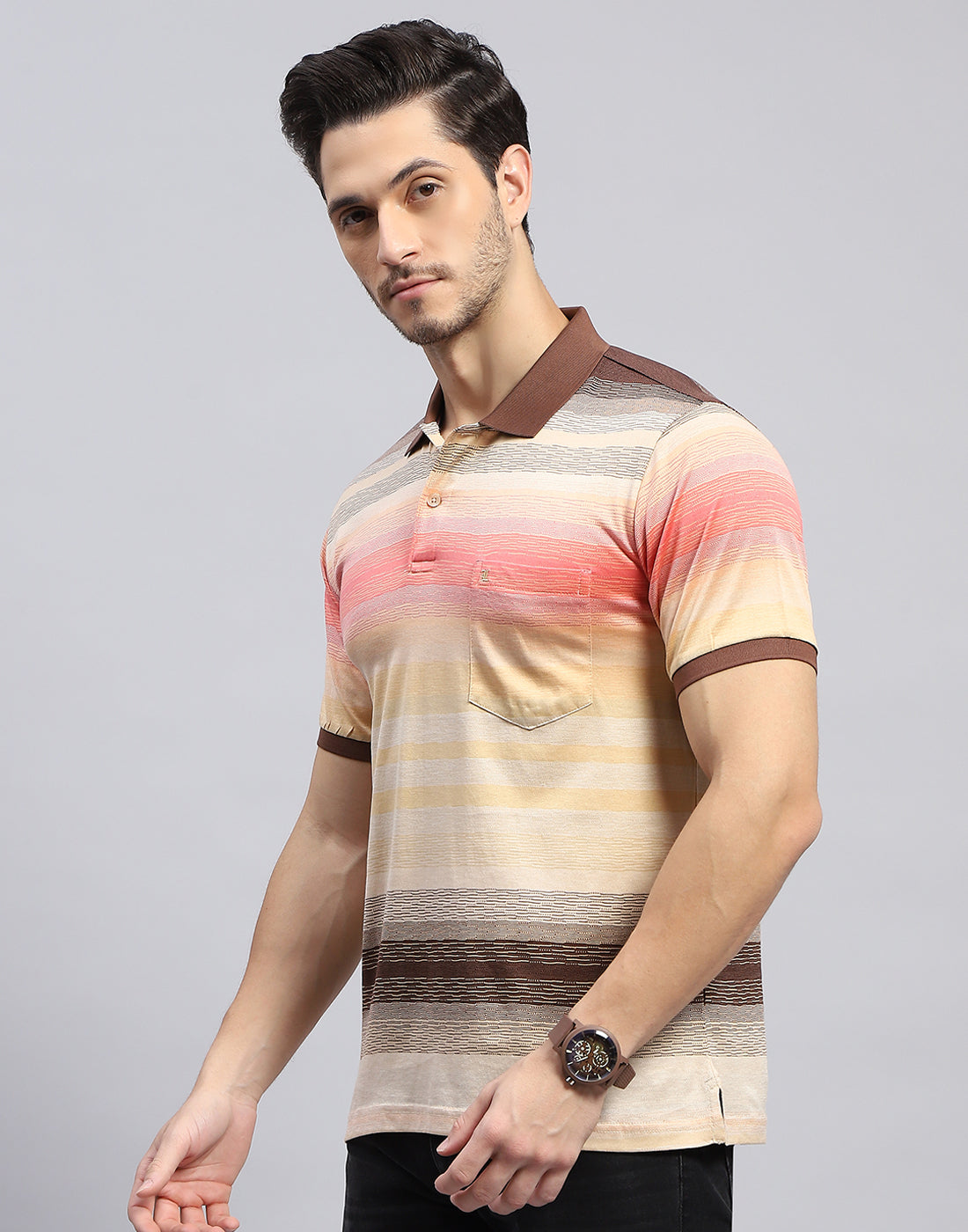 Men Multicolor Stripe Polo Collar Half Sleeve T-Shirt