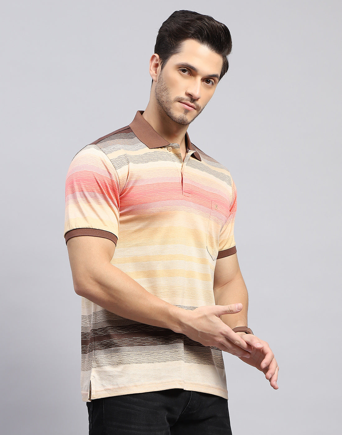 Men Multicolor Stripe Polo Collar Half Sleeve T-Shirt