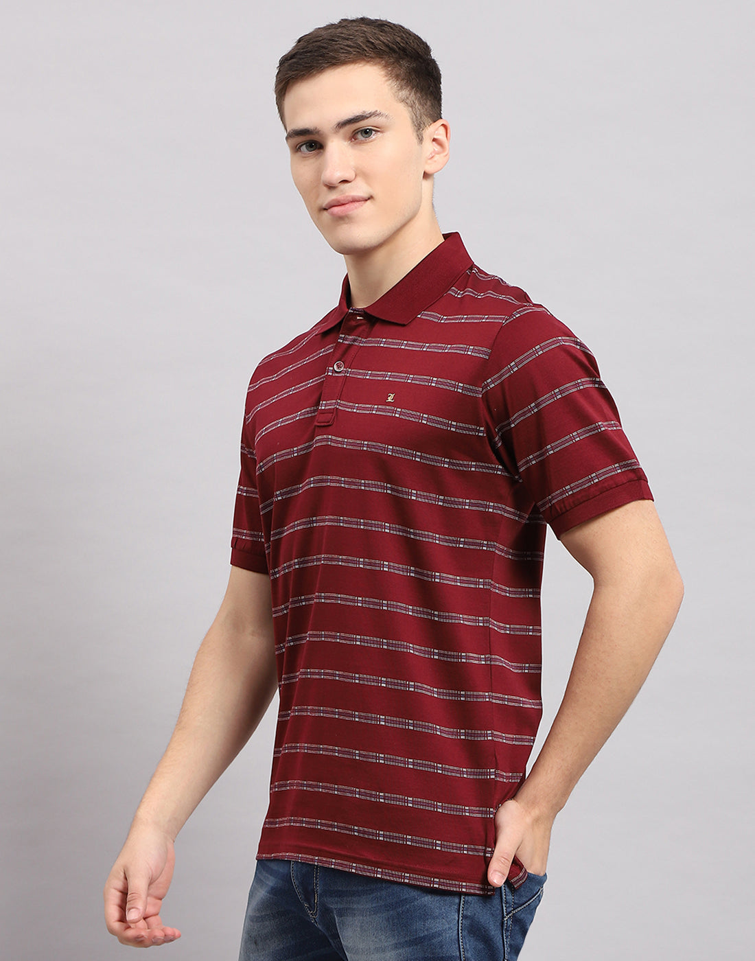 Men Maroon Stripe Polo Collar Half Sleeve T-Shirt