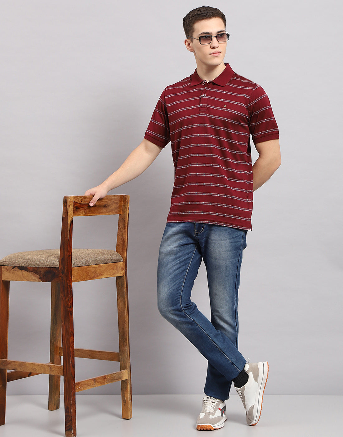 Men Maroon Stripe Polo Collar Half Sleeve T-Shirt