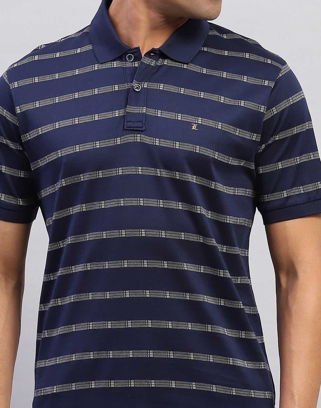 Men Navy Blue Self Design Polo Collar Half Sleeve T-Shirt