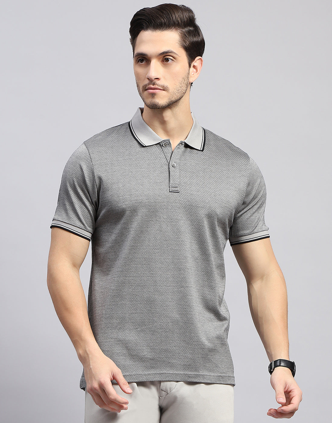 Men Grey Solid Polo Collar Half Sleeve T-Shirt